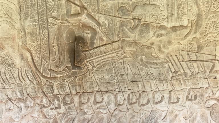 The famous bas-relief on the inside wall of the first floor of the Angkor Wat temple in Siem Reap, Cambodia.