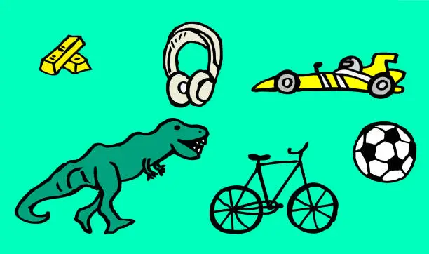 Vector illustration of dinosaur, headphones with music, racing car, bycicle, football, soccer ball, hand painted colorful cartoon pictures for boys and girls