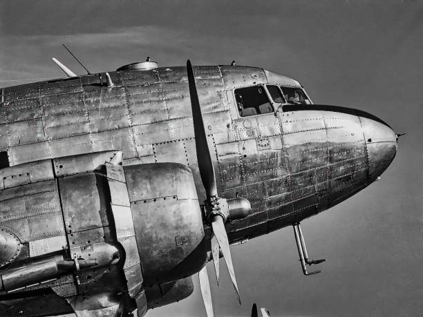 istock this black and white photo shows an old airplane in flight 1742426265