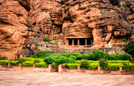 Entrance to the ancient rock cut caves of Badami,Karnataka, India