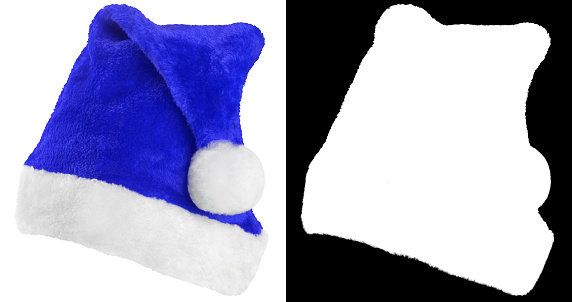 Santa Claus hat or Christmas blue cap isolated on white background with clipping mask (alpha channel) for quick isolation.