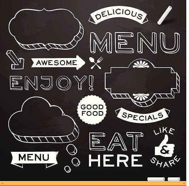 illustrazioni stock, clip art, cartoni animati e icone di tendenza di chalkboard menu del ristorante elements - pattern design sign cafe
