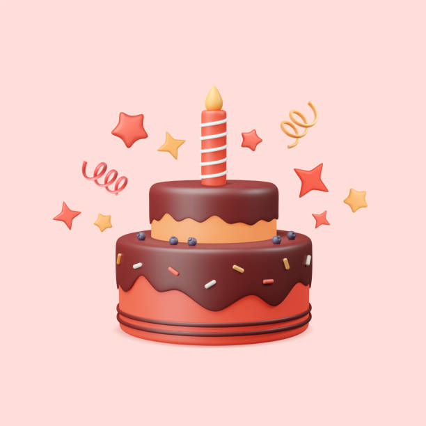 3d cake render with candle, popper serpentine, stars. Birthday chocolate dessert. Celebration pie with sprinkles and icing in plastic style. Vector illustration in red color on pink background. cake stock illustrations
