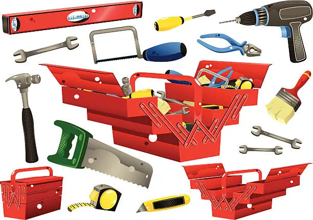 Vector illustration of Toolboxes with hand tools