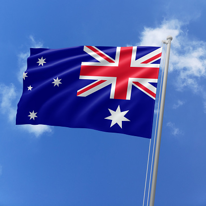 3d illustration flag of Australia. Australia flag isolated on the blue sky with clipping path.