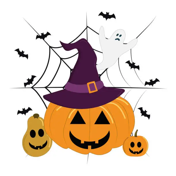 Vector illustration of Pumpkin Jack in a witch hat with cobwebs, ghost and bats.