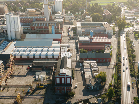 Aerial view of a large industrial area with many different facilities