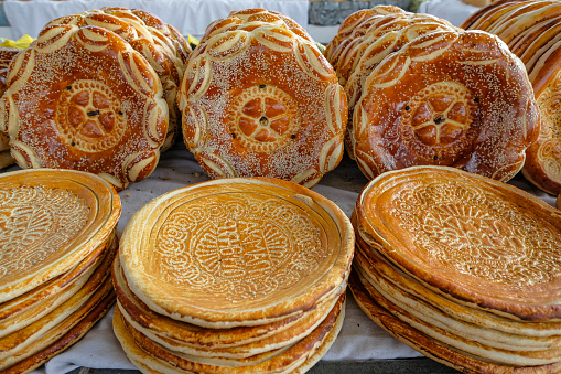 Shelf full of bread at the City Market in Fergana, Uzbekistan.