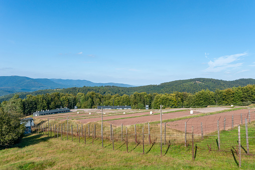 Natzwiller, France - September 14, 2021: View over site of former Natzweiler-Struthof concentration camp. Bas-Rhin department in Alsace region of France