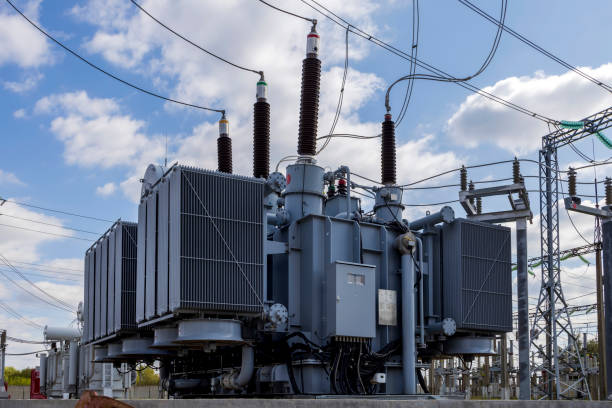 istock high voltage substation on a blue sky background with switches and disconnectors. 1742471117