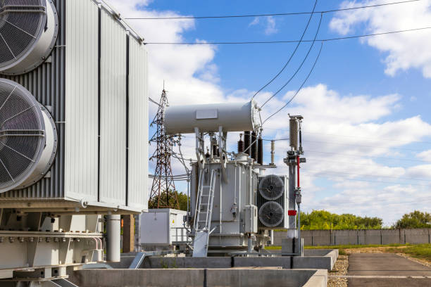 istock high voltage substation on a blue sky background with switches and disconnectors. 1742472314