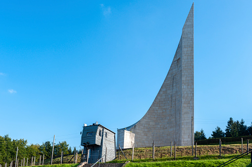 Natzwiller, France - September 14, 2021: Lighthouse of Remembrance, memorial in former Natzweiler-Struthof concentration camp. Bas-Rhin department in Alsace region of France