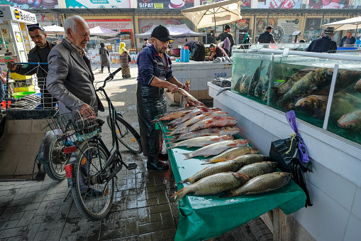 Fergana, Uzbekistan - October 18, 2023: A fish seller at the City Market in Fergana, Uzbekistan.