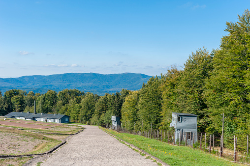 Natzwiller, France - September 14, 2021: View over site of former Natzweiler-Struthof concentration camp. Bas-Rhin department in Alsace region of France