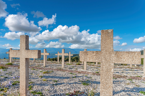 Natzwiller, France - September 14, 2021: Crosses of burial ground in former Natzweiler-Struthof concentration camp. Bas-Rhin department in Alsace region of France