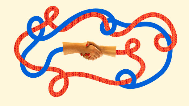 istock Poster. Banner. Contemporary art collage. Creative modern artwork. Cropped two shaking hands with blue and red lines intertwines. 1742479431