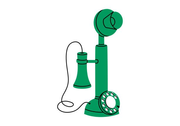 Antique wired landline phone illustration Hand drawn cute cartoon illustration of antique wired landline phone. Flat vector old candlestick telephone with rotary dial sticker, colored doodle style. Vintage call device icon. Isolated on white. rotary dial telephone cartoons stock illustrations