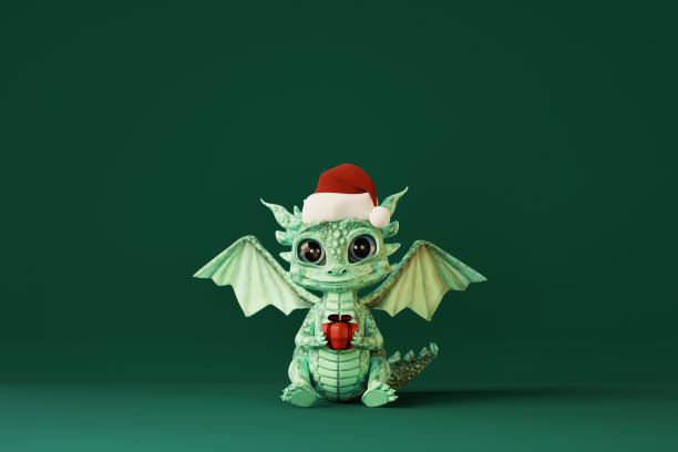 istock Cute cartoon baby dragon wearing into Santa hat. 3d render 1742493366