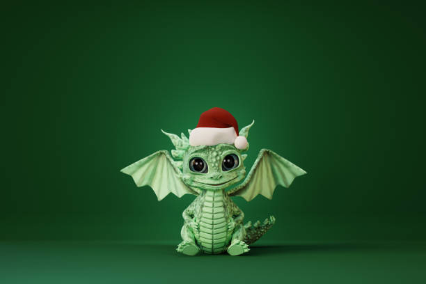 istock Cute cartoon baby dragon wearing into Santa hat. 3d render 1742493399