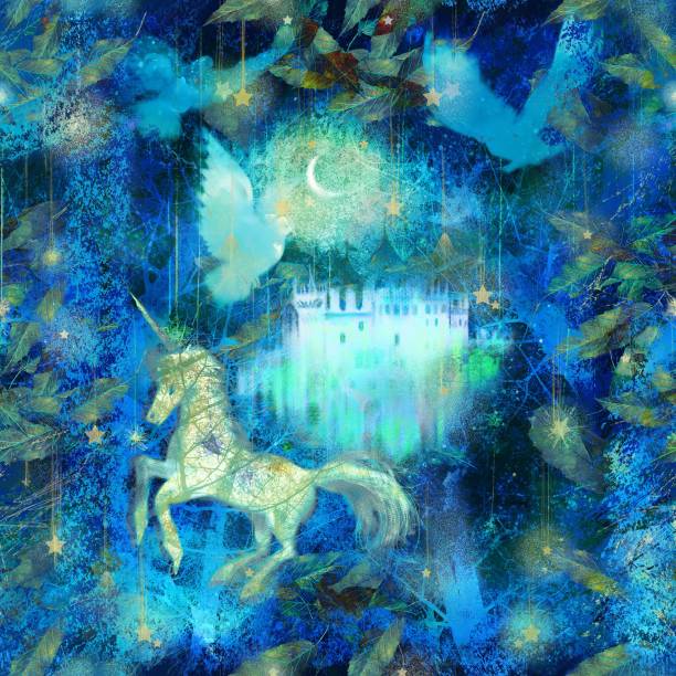 istock Seamless pattern illustration of a medieval castle with unicorns and doves running through a blue forest on a starry night 1742507261