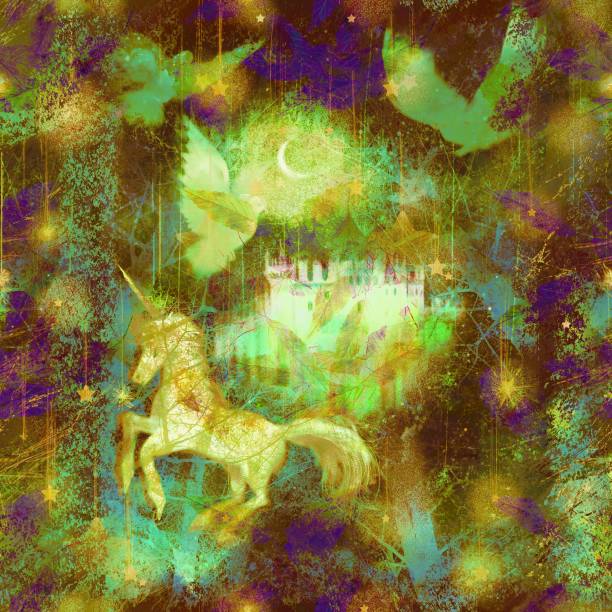 istock Seamless pattern illustration of a medieval castle with unicorns and doves running through a blue forest on a starry night 1742507267
