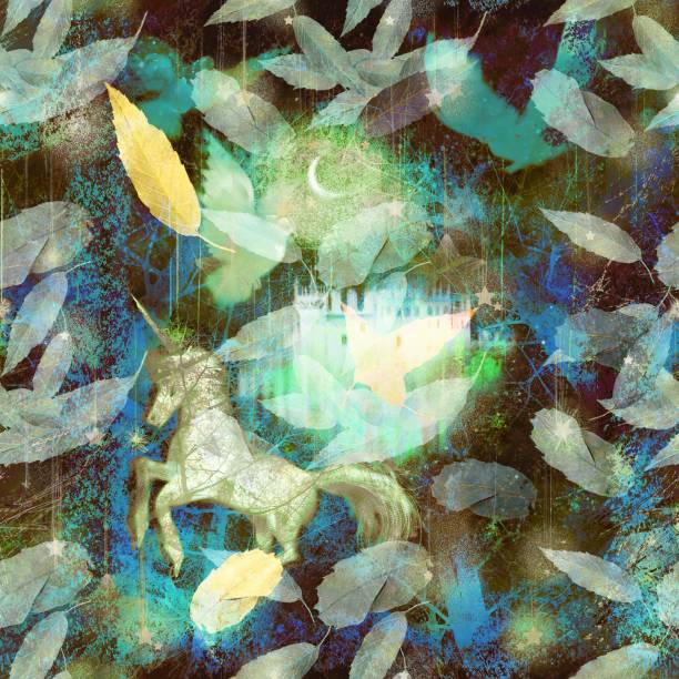istock Seamless pattern illustration of a medieval castle with unicorns and doves running through a blue forest on a starry night 1742507791