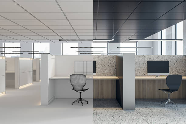 istock Clean coworking office interior sketch project with partitions and workplaces, window with city view and daylight. 3D Rendering. 1742516108