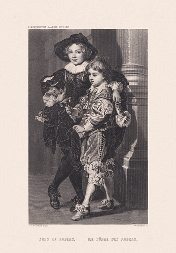 Albert and Nicolaas Rubens (or The Sons of Rubens). Steel engraving after an oil painting (ca. 1626/27) by Peter Paul Rubens (Flemish painter, 1577 - 1640) in the Kunstmuseum Liechtenstein, Vaduz, published ca. 1870.