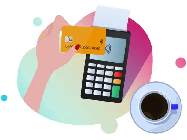 Vector illustration of Contactless payment. Female hand holding credit or debit card close to the Point Of Sale terminal. Flat illustration with gradient colors.