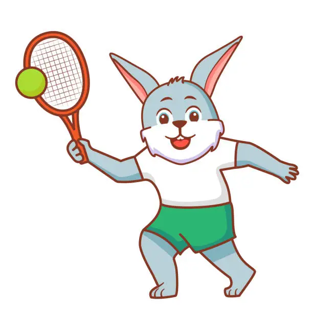Vector illustration of Hare tennis player.Rabbit with a racket tennis ball playing tennis.