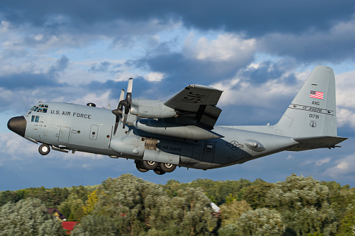 US Air Force (Missouri Air Guard) Lockheed C-130 Hercules aircraft taking off from Lviv, Ukraine