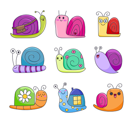 Cute snails characters. Funny insects. Decorative mollusk with hearts and flowers. Hand drawn style. Vector drawing. Collection of design elements.