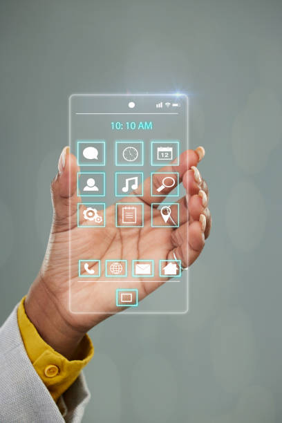 istock Woman, hands and futuristic phone UI, dashboard or virtual interface with software icons on mockup space. Hand of female person holding digital ui, future technology or multimedia hologram system 1742556996