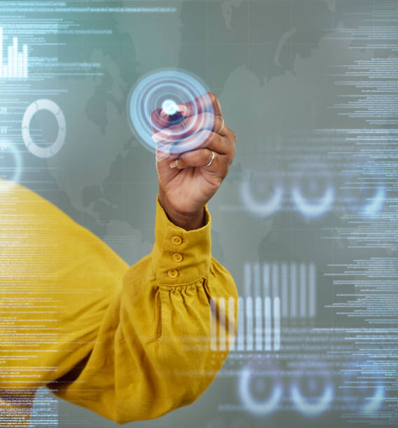 istock Hands, digital pen and writing on smart dashboard, hud or overlay for global communication or data analytics. Hand of woman and person in research on future display, holographic UI or technology 1742557018