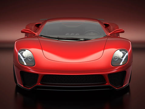 Front view of a moden red sports car. Unique and generic sports car design.  Designed and modelled entirely by myself. Very high resolution 3D render. All markings are ficticious.