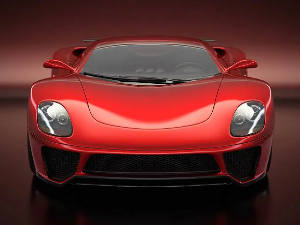 Front view of a moden red sports car. Unique and generic sports car design.  Designed and modelled entirely by myself. Very high resolution 3D render. All markings are ficticious.