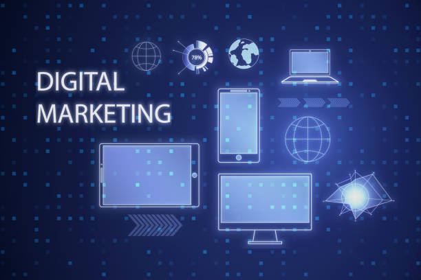 istock Creative blue devices hologram on blurry backdrop. Digital marketing, social network and online service concept. 3D Rendering. 1742577620