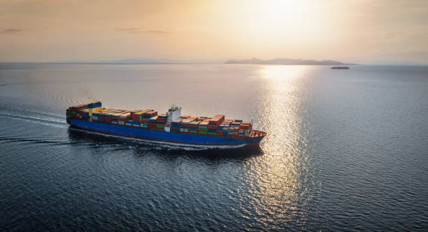 istock Aerial view of a large container cargo ship during sunset 1742580368