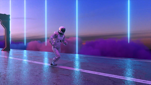 istock Astronaut is running. Reality turns into a diamond. Space road with gates. Starry sky and clouds. Neon laser beams. 1742581547