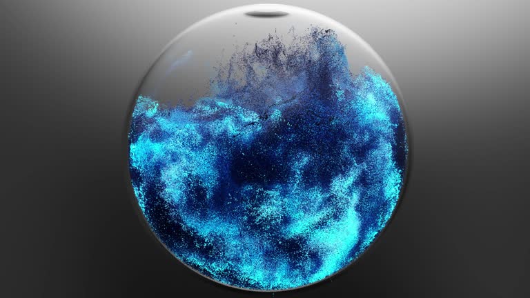 Realistic abstract liquid sphere, dust particles liquid substance, magical Bright blue glowing atoms, Water Splash  with Droplets, liquid substance, water ball wave into circle shape, 3d render