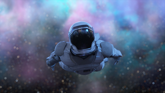 Space concept. Head of an astronaut in a helmet close-up. Flight through outer space. 3d illustration.