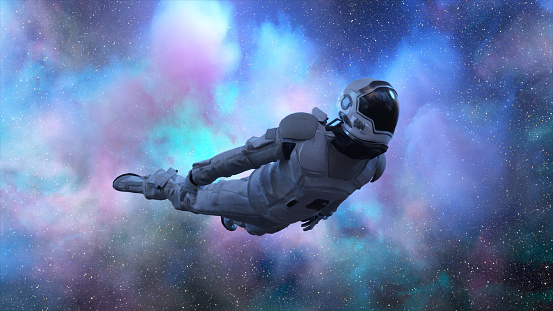 Astronaut flies past purple-blue clouds. Space. Space suit. neon color. The clouds revolve around the astronaut. Milky Way. 3d illustration.