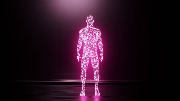 istock Visualization of artificial intelligence. A human figure emerges from neon purple glowing particles. Dark background. 1742592309