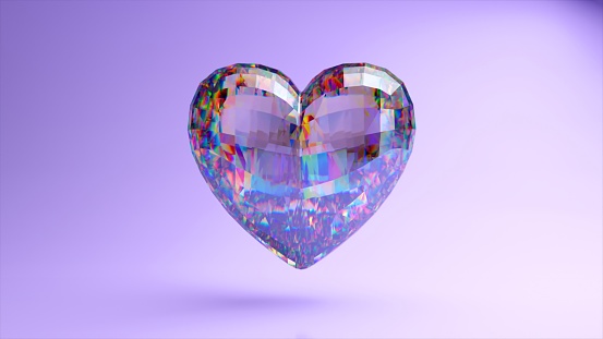 Romance and love concept. Diamond heart rotates on a pink background. Jewelry decoration. 3D illustration.