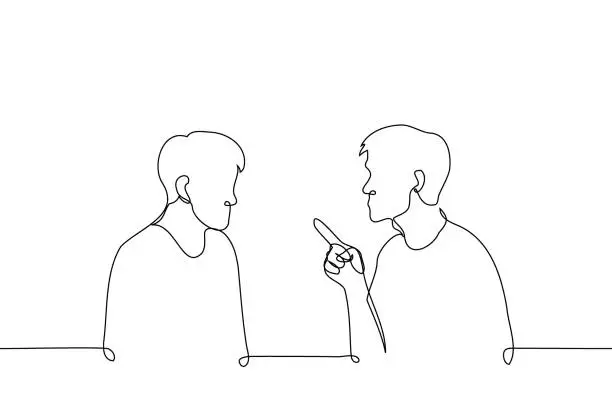 Vector illustration of man, frowning his eyebrows, points with index finger at a man sitting next to him and looking at - one line art vector. concept accusations, moralizing, instructions, claims