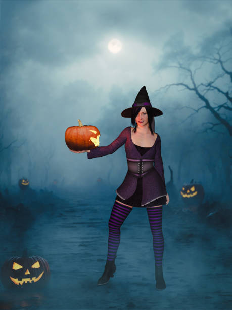 istock 3D rendering of witch holding pumpkin. 1742604322