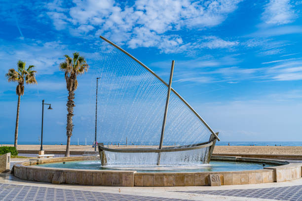 Valencia, Spain. October 17, 2023. Fountain in Playa La Malvarrosa, Valencia. Spain