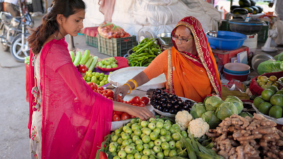 Young Indian woman buying vegetables on the streets of The Pink City in Jaipur, Rajasthan, India. Jaipur is known as the Pink City, because of the color of the stone exclusively used for the construction of all the structures.