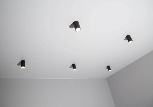 istock Modern black LED ceiling lights in a room on the ceiling, background 1742613001