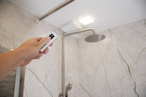 istock Control panel for remote exhaust ventilation in the bathroom. Copy space for text 1742613128